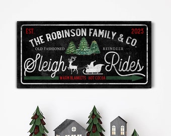 Personalized Sleigh Rides Sign, Custom Christmas Sign, Vintage Retro Christmas Sign, Holiday Seasonal Decor, Farmhouse Christmas Canvas Art