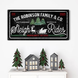 Personalized Sleigh Rides Sign, Custom Christmas Sign, Vintage Retro Christmas Sign, Holiday Seasonal Decor, Farmhouse Christmas Canvas Art