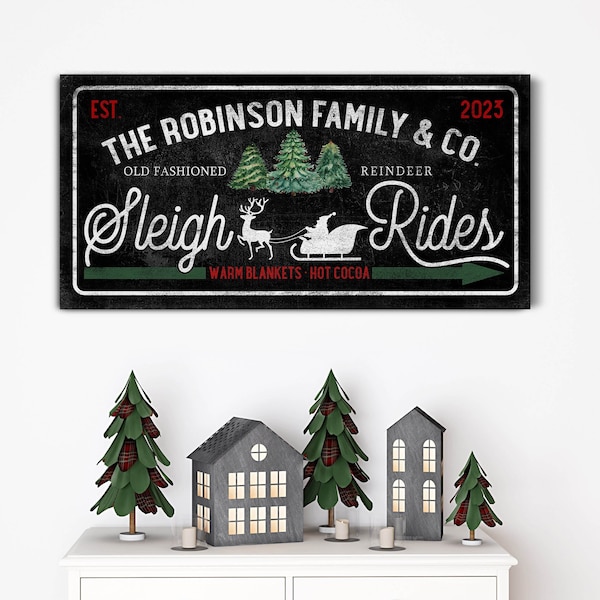 Personalized Sleigh Rides Sign, Custom Christmas Sign, Vintage Retro Christmas Sign, Holiday Seasonal Decor, Farmhouse Christmas Canvas Art