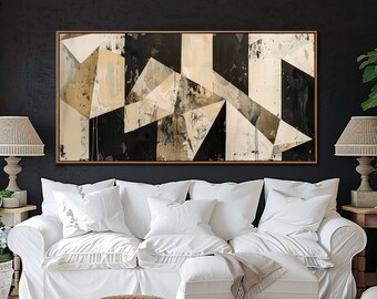 Abstract Beige Black Geometric Wall Art, Vintage Wall Decor, Rustic Living Room Decor, Modern Office Canvas Art, Abstract Large Canvas Print