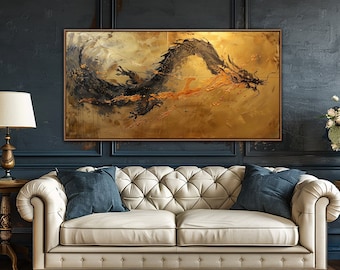 May include: A white tufted sofa with two blue pillows sits in front of a dark blue wall with a large painting of a black dragon on a gold background.