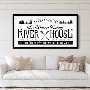 Custom River House Sign Welcome To The River House Sign Personalized River House Sign Canvas Decor Family Name Sign Canvas Wall Art
