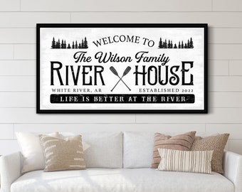 Signo personalizado de la casa del río Bienvenido al signo de la casa del río personalizado signo de la casa del río lienzo decoración nombre de la familia signo lienzo arte de la pared