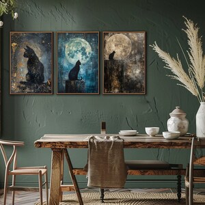 Abstract Black Cat & Full Moon Sign, Vintage Mystical Celestial Wall ...
