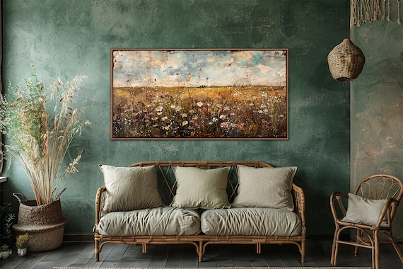 Countryside Wall Art, Vintage Wildflowers Wall Decor, Farmhouse Canvas Art, Country Landscape Large Canvas Print, Living Room Decor Gifts