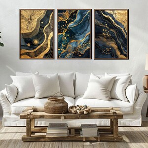 Abstract Blue Gold Wall Art, Abstract Living Room Set Of 3 Wall Decor, Bedroom Canvas Art, Modern Large Canvas Print, Minimalist Decor Gifts bild 2