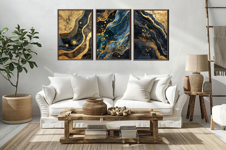 Abstract Blue Gold Wall Art, Abstract Living Room Set Of 3 Wall Decor, Bedroom Canvas Art, Modern Large Canvas Print, Minimalist Decor Gifts bild 2