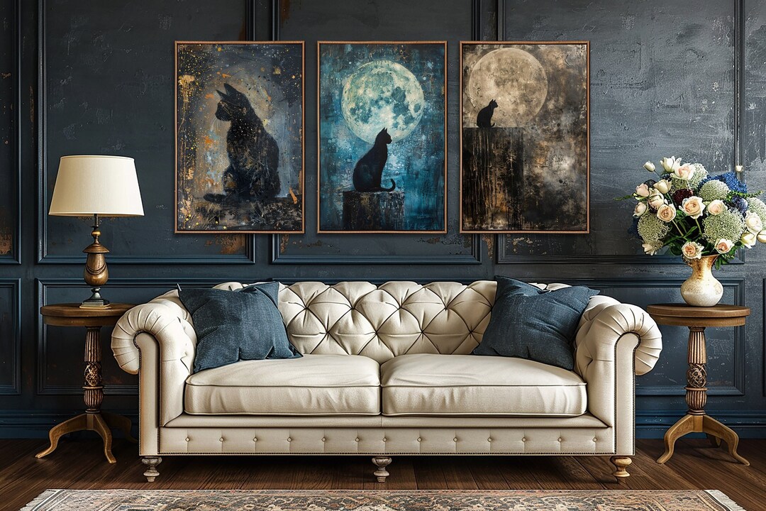 Abstract Black Cat & Full Moon Sign, Vintage Mystical Celestial Wall ...