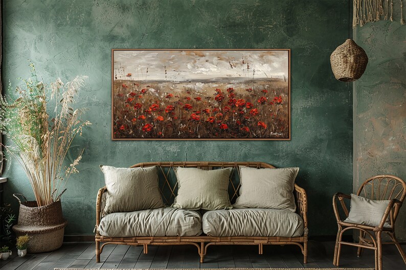 Red Flowers Field Landscape Wall Art, Abstract Poppy Wall Decor, Modern ...
