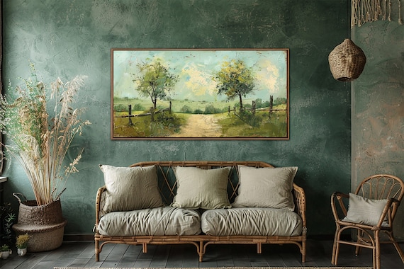 Abstract Green Countryside Wall Art, Country Landscape Wall Decor, Modern Farmhouse Decor, Pastoral Canvas Art, Vintage Home Canvas Print