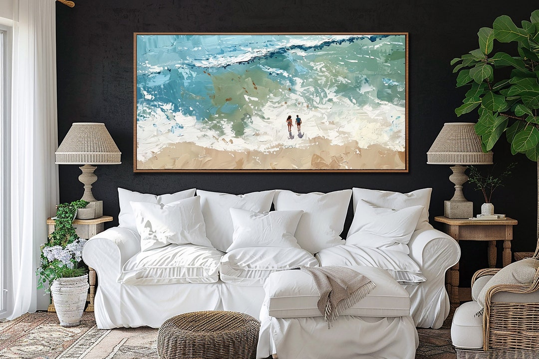 Woman & Man Standing on the Beach Framed Wall Art, Seascape Wall Decor ...