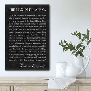 May include: Black and white typography quote on a dark gray background. The quote is by Theodore Roosevelt and reads "It is not the critic who counts: not the man who points out how the strong man stumbles... The credit belongs to the man who is actually in the arena, whose face is marred by dust and sweat and blood: who strives valiantly; who errs, who comes short again and again, because there is no effort without error and shortcoming: but who does actually strive to do the deeds; who knows great enthusiasms, the great devotions: who spends himself in a worthy cause; who at the best knows in the end the triumph of high achievement, and who at the worst, if he fails, at least fails while daring greatly, so that his place shall never be with those cold and timid souls who neither know victory nor defeat."