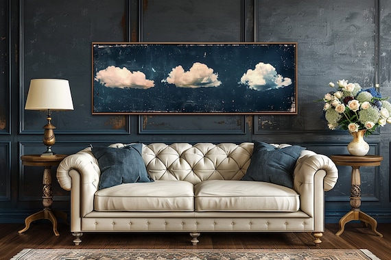 Abstract Clouds Wall Art, Cloudy Sky Wall Decor, Dark Blue Gallery Decor, Minimalist Canvas Art, Vintage Modern Home Large Canvas Print Gift