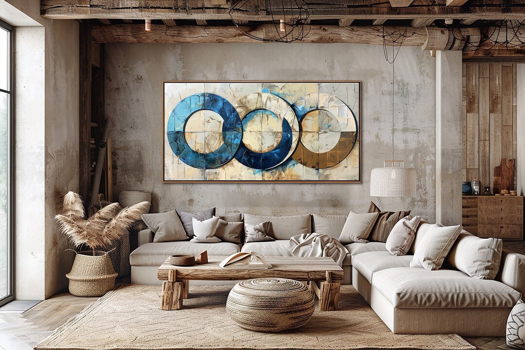 Beige and Blue Abstract Circle Sign, Neutral Wall Art, Vintage Office