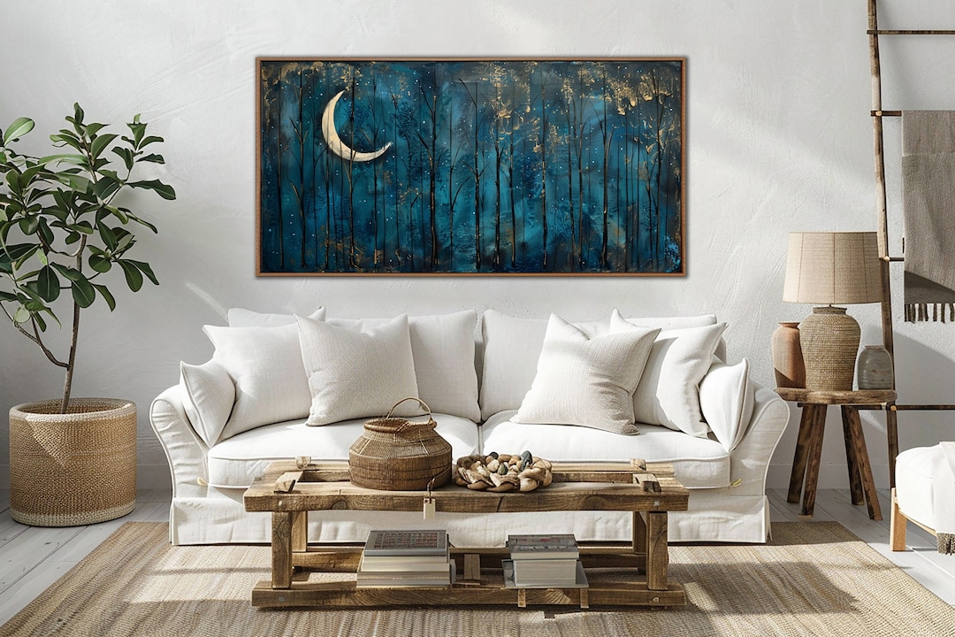 Dark Night Forest Wall Art, Dark Blue Sky & Moon and Stars Wall Decor ...