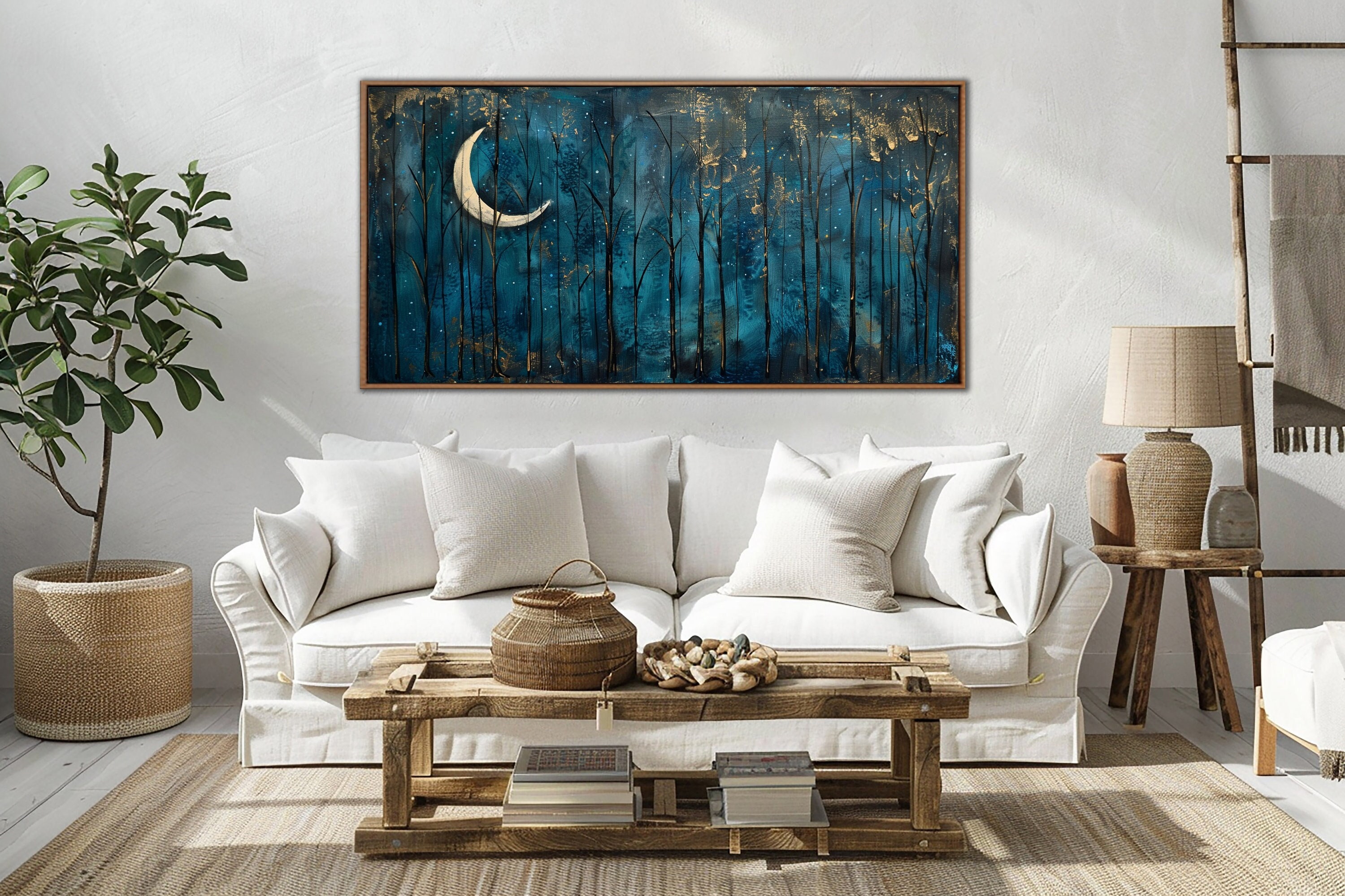 Dark Night Forest Wall Art, Dark Blue Sky & Moon and Stars Wall Decor ...