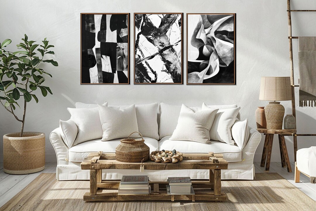 Abstract Black and White Wall Art, Modern Geometric Wall Decor, Vintage ...