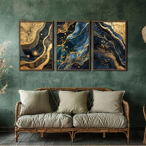 Abstract Blue Gold Wall Art, Abstract Living Room Set Of 3 Wall Decor, Bedroom Canvas Art, Modern Large Canvas Print, Minimalist Decor Gifts bild 4