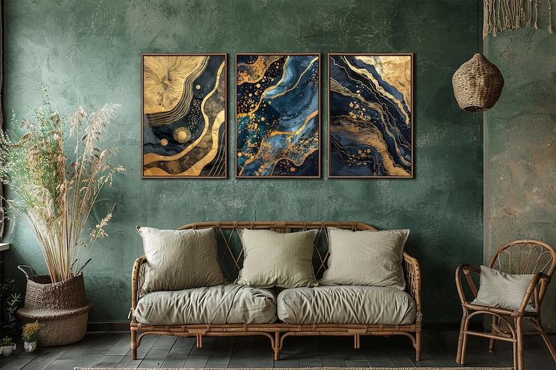 Abstract Blue Gold Wall Art, Abstract Living Room Set Of 3 Wall Decor, Bedroom Canvas Art, Modern Large Canvas Print, Minimalist Decor Gifts bild 4
