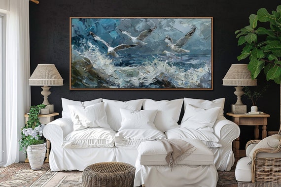 Sea And Seagulls Wall Art, Seascape Living Room Wall Decor, Abstract Ocean & Birds Decor, Home Decor, Office Canvas Art, Housewarming Gifts