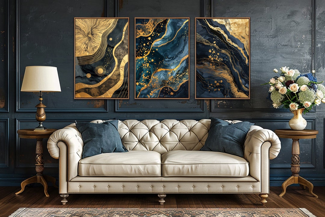 Abstract Blue Gold Wall Art, Abstract Living Room Set of 3 Wall Decor