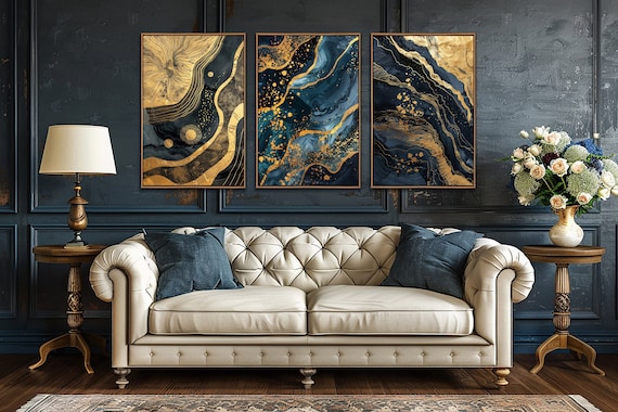 Abstract Blue Gold Wall Art, Abstract Living Room Set Of 3 Wall Decor, Bedroom Canvas Art, Modern Large Canvas Print, Minimalist Decor Gifts