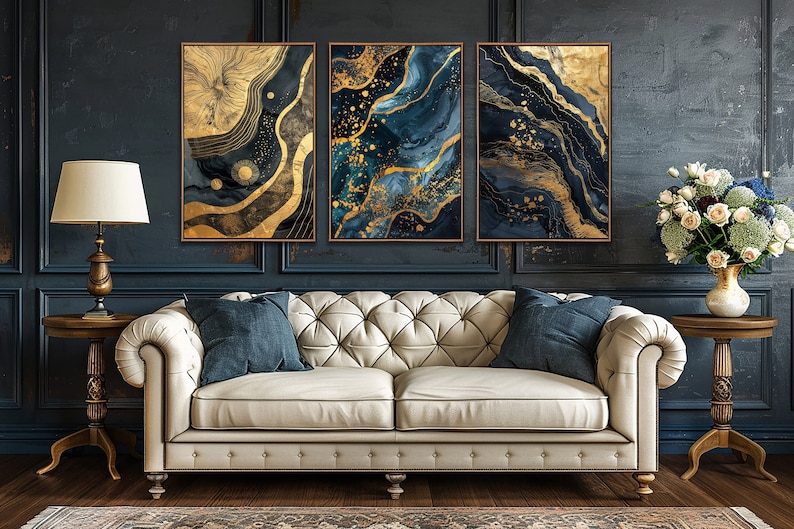 Abstract Blue Gold Wall Art, Abstract Living Room Set Of 3 Wall Decor, Bedroom Canvas Art, Modern Large Canvas Print, Minimalist Decor Gifts bild 1
