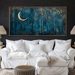 Dark Night Forest Wall Art, Dark Blue Sky & Moon and Stars Wall Decor ...