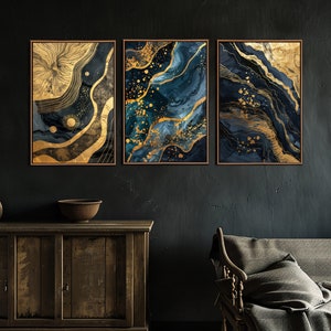 Abstract Blue Gold Wall Art, Abstract Living Room Set Of 3 Wall Decor, Bedroom Canvas Art, Modern Large Canvas Print, Minimalist Decor Gifts bild 3