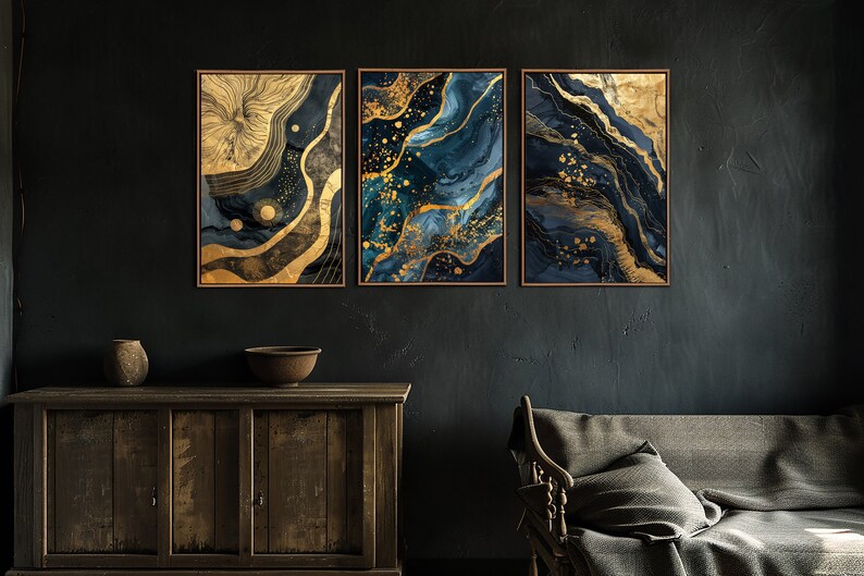Abstract Blue Gold Wall Art, Abstract Living Room Set Of 3 Wall Decor, Bedroom Canvas Art, Modern Large Canvas Print, Minimalist Decor Gifts bild 3