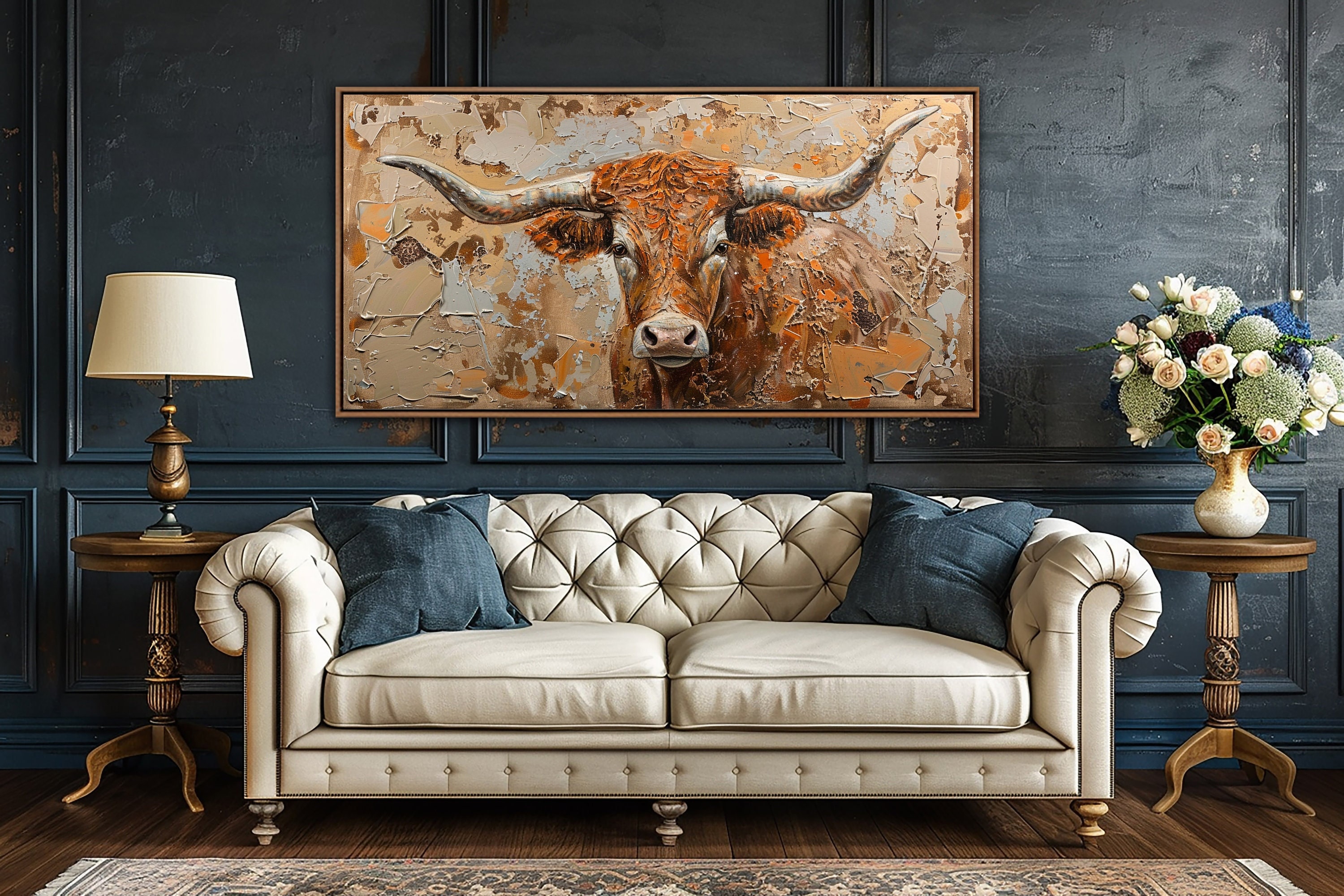 Longhorn Cow Wall Art, Vintage Farmhouse Wall Decor, Rustic Texas Longhorn Canvas Art, Country Large Canvas Print, Western Living Room Decor