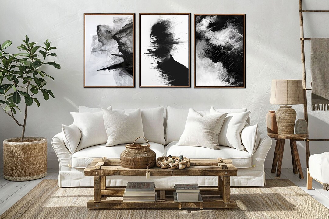 Abstract Black White Wall Decor, Vintage Black White Living Room Set of