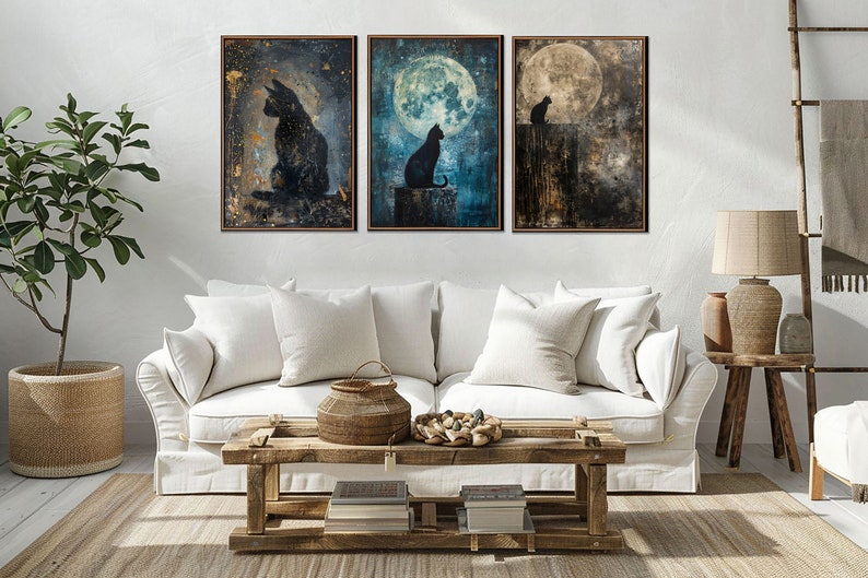 Abstract Black Cat & Full Moon Sign, Vintage Mystical Celestial Wall ...