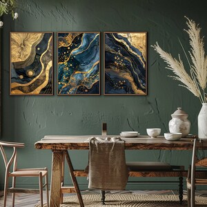 Abstract Blue Gold Wall Art, Abstract Living Room Set Of 3 Wall Decor, Bedroom Canvas Art, Modern Large Canvas Print, Minimalist Decor Gifts bild 5