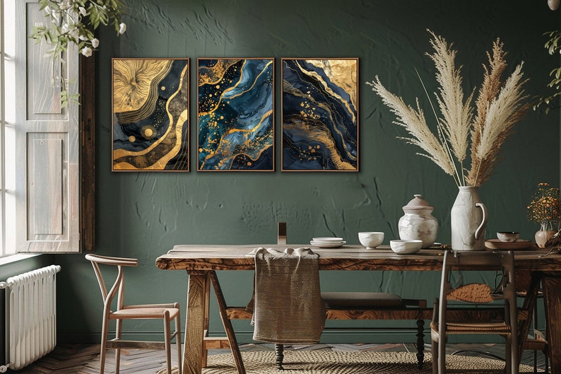 Abstract Blue Gold Wall Art, Abstract Living Room Set Of 3 Wall Decor, Bedroom Canvas Art, Modern Large Canvas Print, Minimalist Decor Gifts bild 5