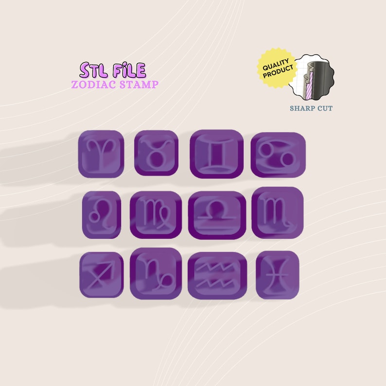 May include: A set of 12 purple zodiac stamp designs. Each stamp features a different zodiac symbol, including Aries, Taurus, Gemini, Cancer, Leo, Virgo, Libra, Scorpio, Sagittarius, Capricorn, Aquarius, and Pisces. The stamps are labelled "STL File Zodiac Stamp" and "Sharp Cut".