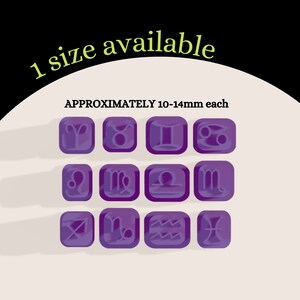 May include: A set of 12 purple zodiac signs, each approximately 10-14mm in size. The signs are arranged in a grid of three rows and four columns.  The signs are: Aries, Taurus, Gemini, Cancer, Leo, Virgo, Libra, Scorpio, Sagittarius, Capricorn, Aquarius, and Pisces.