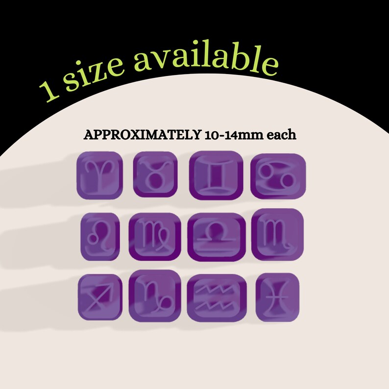 May include: A set of 12 purple zodiac signs, each approximately 10-14mm in size. The signs are arranged in a grid of three rows and four columns.  The signs are: Aries, Taurus, Gemini, Cancer, Leo, Virgo, Libra, Scorpio, Sagittarius, Capricorn, Aquarius, and Pisces.
