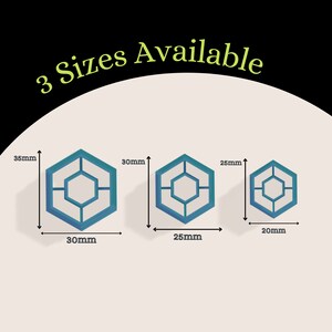 May include: Three sizes of a blue and green geometric hexagonal design. The largest is 30mm wide and 35mm tall. The middle size is 25mm wide and 30mm tall. The smallest is 20mm wide and 25mm tall.