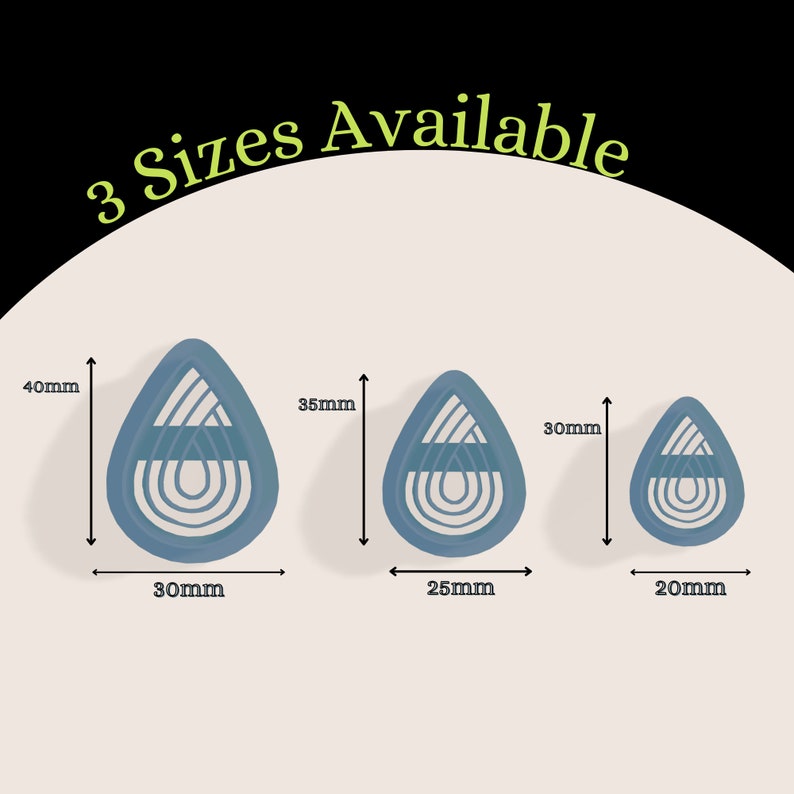 May include: Three sizes of blue and white geometric teardrop-shaped cookie cutters. The largest cutter is 40mm tall and 30mm wide. The middle cutter is 35mm tall and 25mm wide. The smallest cutter is 30mm tall and 20mm wide.