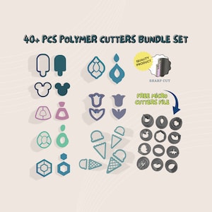 May include: A set of 40+ polymer cutters for crafting. The cutters are in various shapes, including ice cream cones, flowers, and a Mickey Mouse head. The set also includes a free micro cutters file. The image includes the text "40+ PCS POLYMER CUTTERS BUNDLE SET", "QUALITY PRODUCT", "SHARP CUT", and "FREE MICRO CUTTERS FILE".