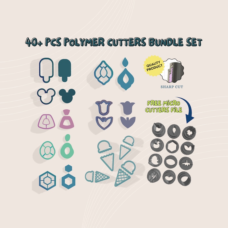May include: A set of 40+ polymer cutters for crafting. The cutters are in various shapes, including ice cream cones, flowers, and a Mickey Mouse head. The set also includes a free micro cutters file. The image includes the text "40+ PCS POLYMER CUTTERS BUNDLE SET", "QUALITY PRODUCT", "SHARP CUT", and "FREE MICRO CUTTERS FILE".