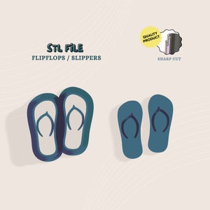 May include: STL File: Flip Flops / Slippers. A 3D model of a pair of blue flip flops, or slippers, with a white sole. The model is ready to be printed.