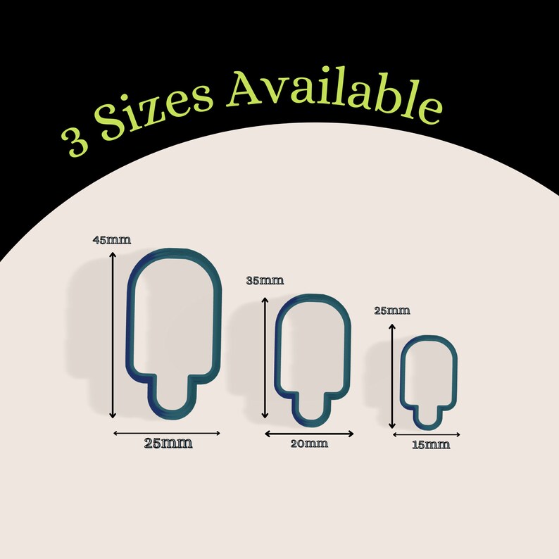 May include: Three cookie cutters in different sizes, 45mm, 35mm, and 25mm, shaped like a popsicle with a rounded top and a small handle at the bottom.  The cookie cutters are a dark blue color.