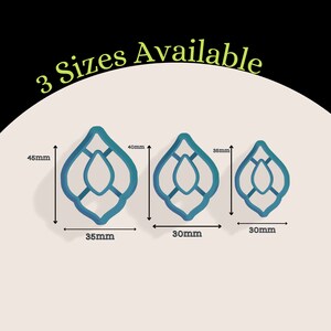 May include: Three sizes of teal blue cookie cutters in the shape of a stylized teardrop with a geometric design. The cutters measure 45mm x 35mm, 40mm x 30mm, and 35mm x 30mm.