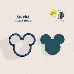 May include: STL file for a Mickey Mouse head cookie cutter. The image shows a 3D rendering of the cutter, with a solid blue outline and a white interior. The text "STL File" and "Mickey Mouse" are displayed above the cutter.