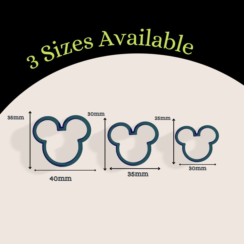 May include: Three sizes of mouse ear cookie cutters, 40mm x 35mm, 35mm x 30mm, and 30mm x 25mm. The cutters are a dark teal blue color.