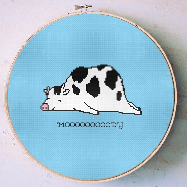 Sleepy Cow Pun Cross Stitch Pattern