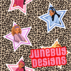 May include: A repeating pattern featuring cartoon illustrations of women inside star shapes, set against a leopard print background. The stars are outlined in pink and blue. The text "JuneBug Designs" is in a red bubble.