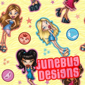 May include: A repeating pattern featuring cartoon illustrations of fashionable female figures in various poses, wearing dresses and platform shoes. The design includes circular graphics and the text "JUNEBUG DESIGNS" in a pink and red font, set against a yellow background.